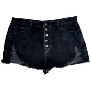 SO 18/36W Women's High Rise Distressed Black Shorts -Stylish Button Fly- Raw Hem